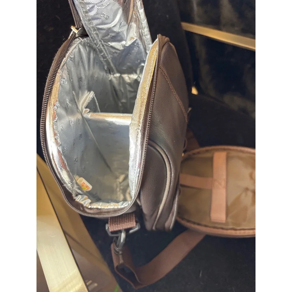 Picnic Plus Brown Faux Leather Insulated Wine Bottle Carrier Sling Bag Travel